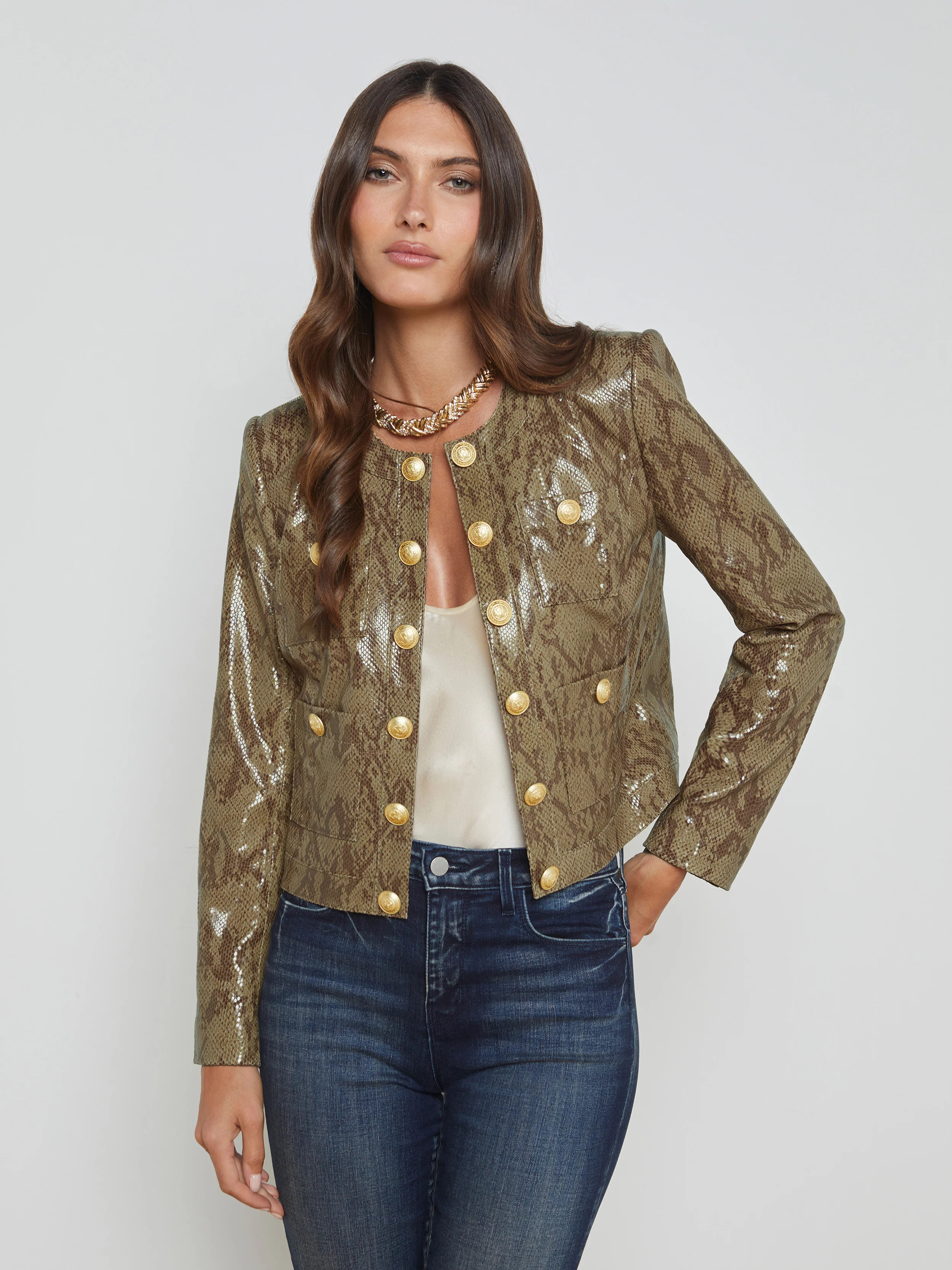 L'AGENCE - Jayde Collarless Leather Jacket in Dark Tan Leather Snake | L'Agence