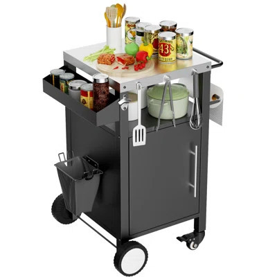 Outdoor Grill Cart with Stainless Steel Top Compact Rolling BBQ Station with Storage & Spice Rack | Wayfair North America