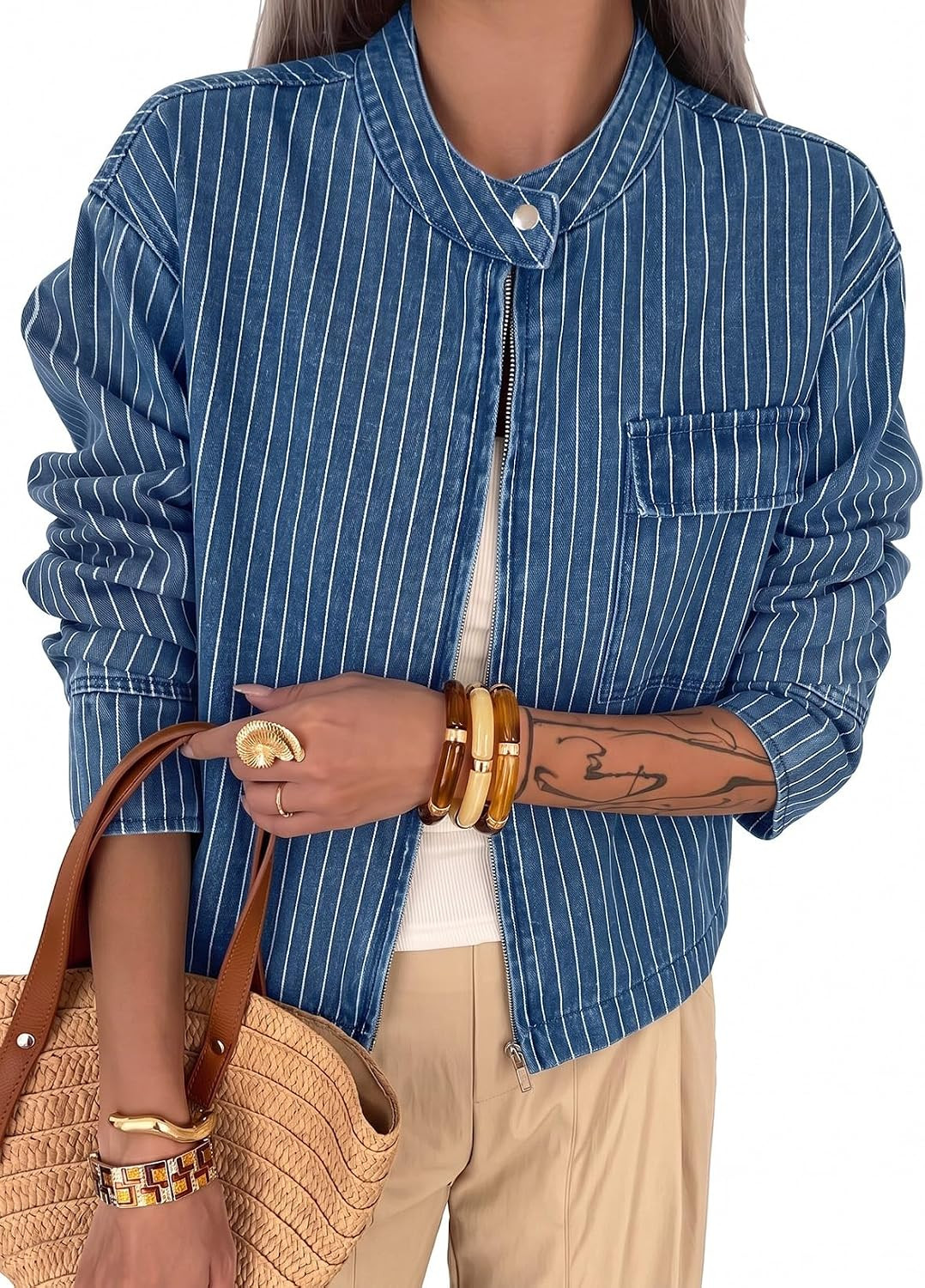 Dokotoo Women's Striped Denim Jacket 2026 Fall Zipper Button Jeans Coats | Amazon (US)