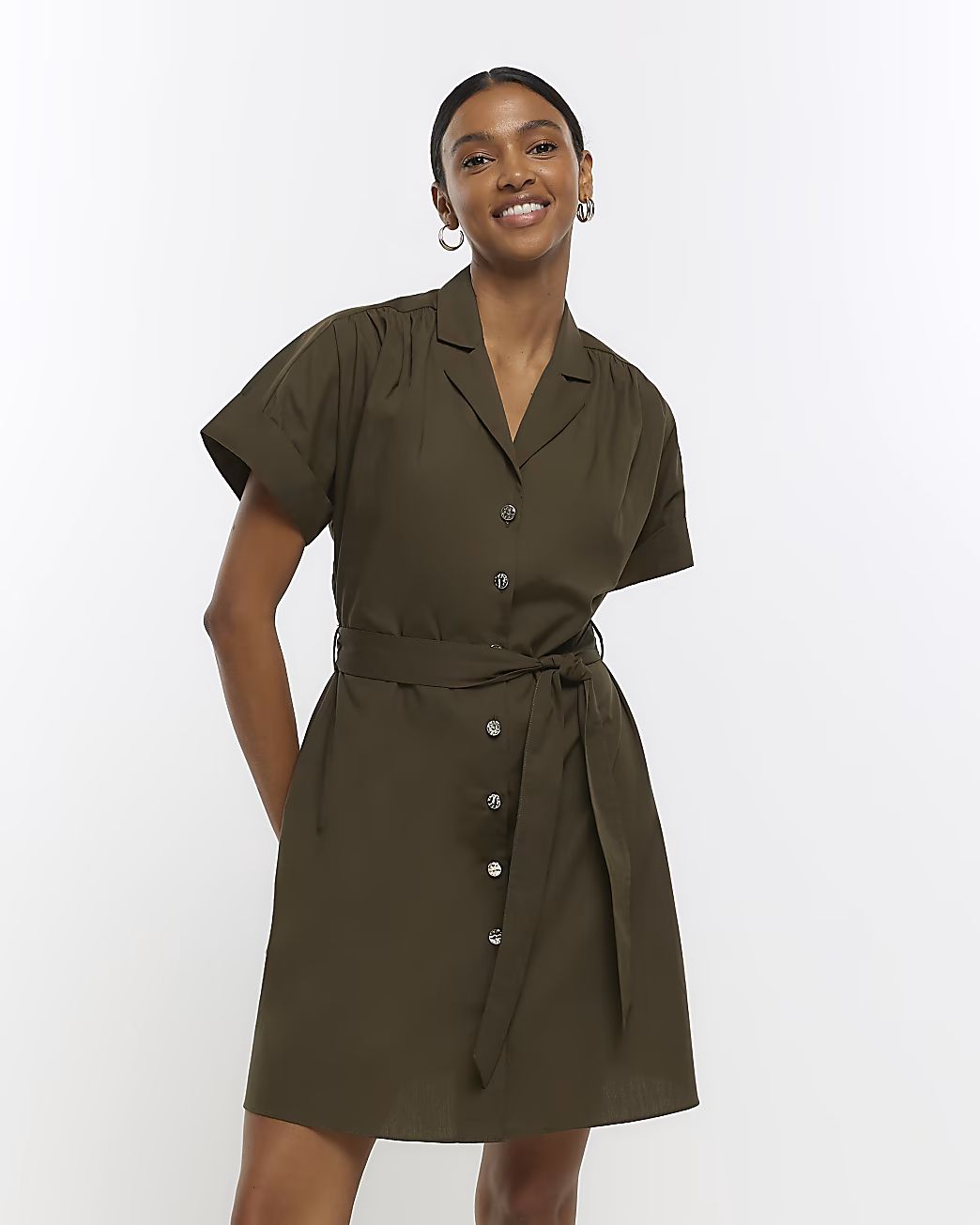 Khaki Belted Mini Shirt Dress | River Island (US)