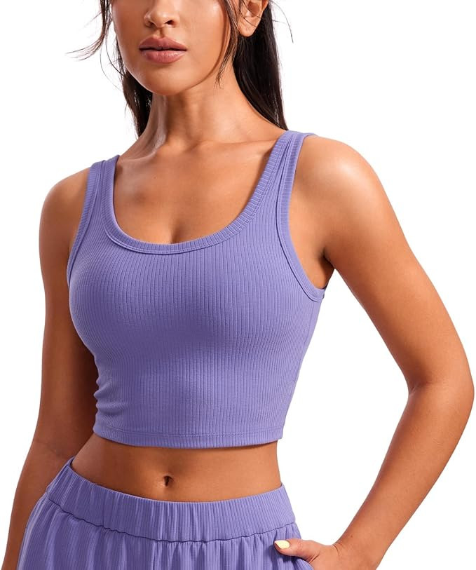 CRZ YOGA Womens Ribbed Longline Sports Bra - U Neck Padded Yoga Bra Workout Crop Tank Top with Bu... | Amazon (US)