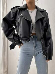 Flirla Zip Up PU Leather Moto Jacket Fall Winter Cloth For Women | SHEIN