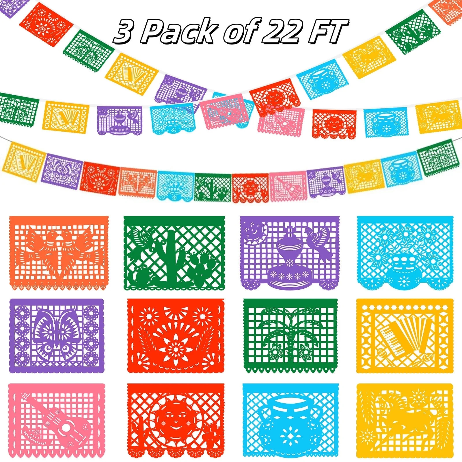 12Pcs(3 Packs) Mexican Banner - 66FT(22FT*3) Papel Picado Banners - Fiesta Party Supplies - Cinco... | Walmart (US)