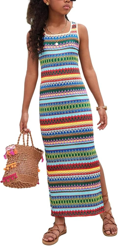 ZAFUL Girls Dresses Summer Casual Sleeveless Boho Knit Cute Split Striped Geometric Maxi Dress fo... | Amazon (US)