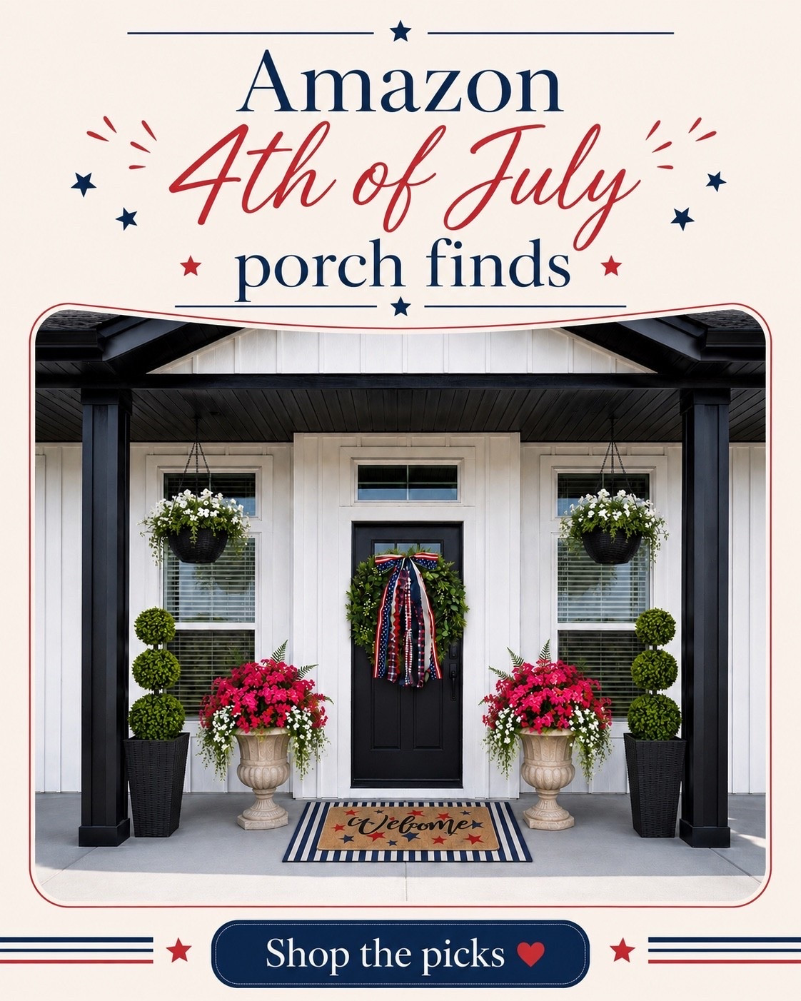 This is your sign to give your porch a little 4th of July moment 🇺🇸❤️

I found the cutest Amazon porch pieces to make your front door feel festive, classic, and pulled together without going overboard. Think layered doormats, a patriotic wreath bow, pretty planters, hanging flowers, and easy red, white, and blue touches that make the whole porch look ready for summer BBQs, fireworks, and front porch coffee.

I linked the picks so you can grab one piece or copy the whole look. Such an easy way to make your porch feel cute for the Fourth!

Shop the Amazon finds here ❤️
Affiliate links

#AmazonFinds #FourthOfJulyDecor #PorchDecor #PatrioticDecor #LTKFinds

#LTKSeasonal #LTKHome #LTKSaleAlert