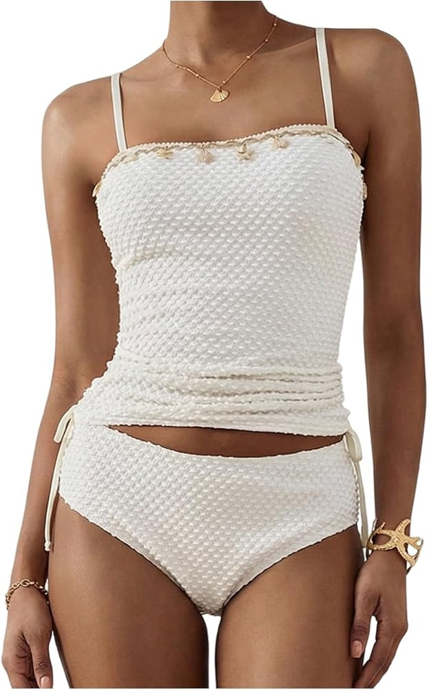 Verdusa Women's 2 Piece Textured Tankini Sets Boho Seashell Beaded Camisole Tops with Panty | Amazon (US)