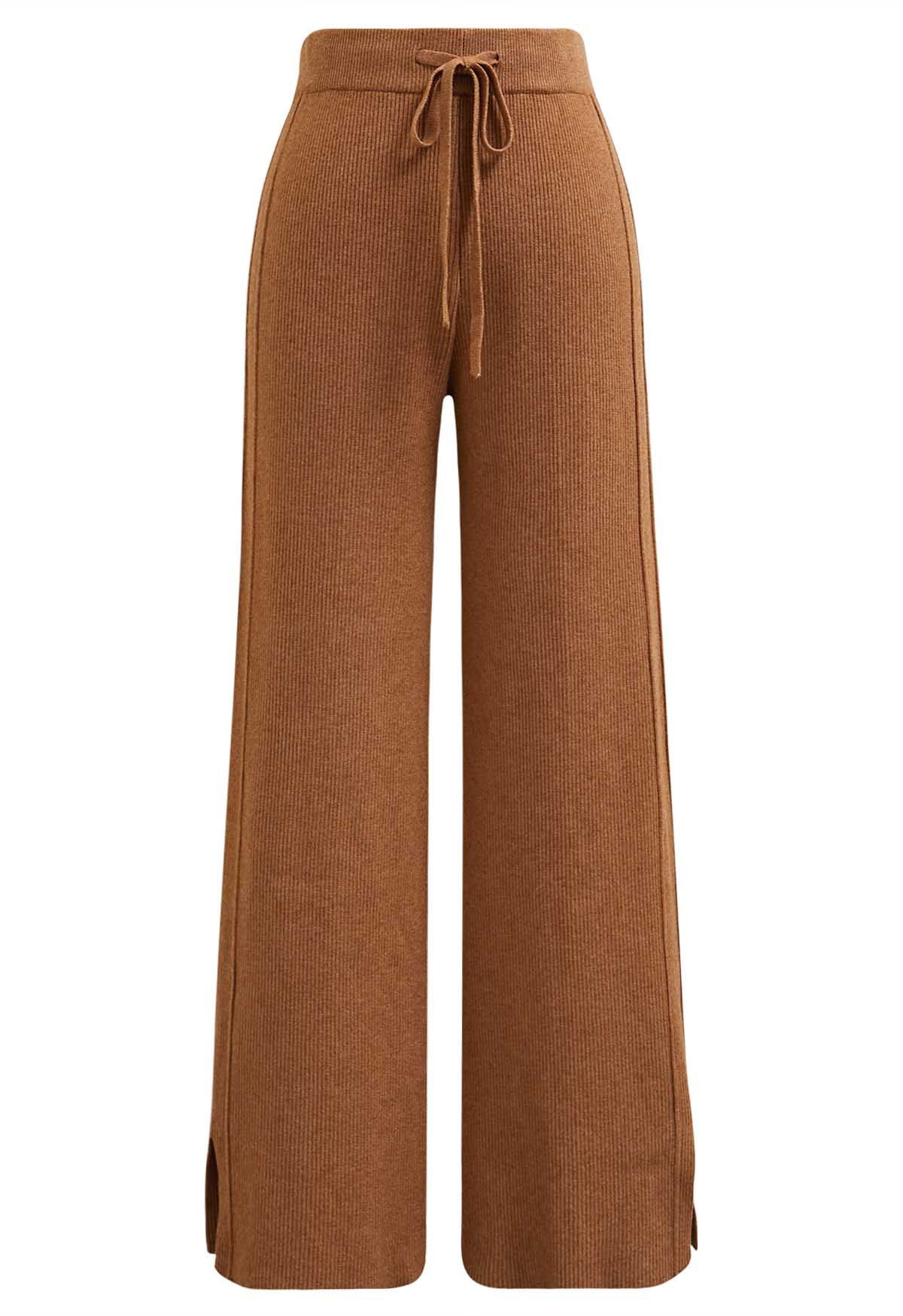Drawstring Waist Side Slit Knit Pants in Pumpkin | Chicwish