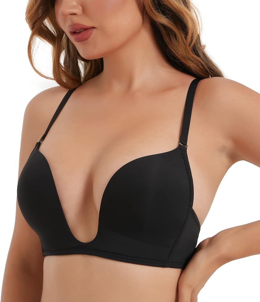 HACI Women's Plunge Deep U Bra Push Up Multiway Seamless Low Cut Bra | Amazon (US)