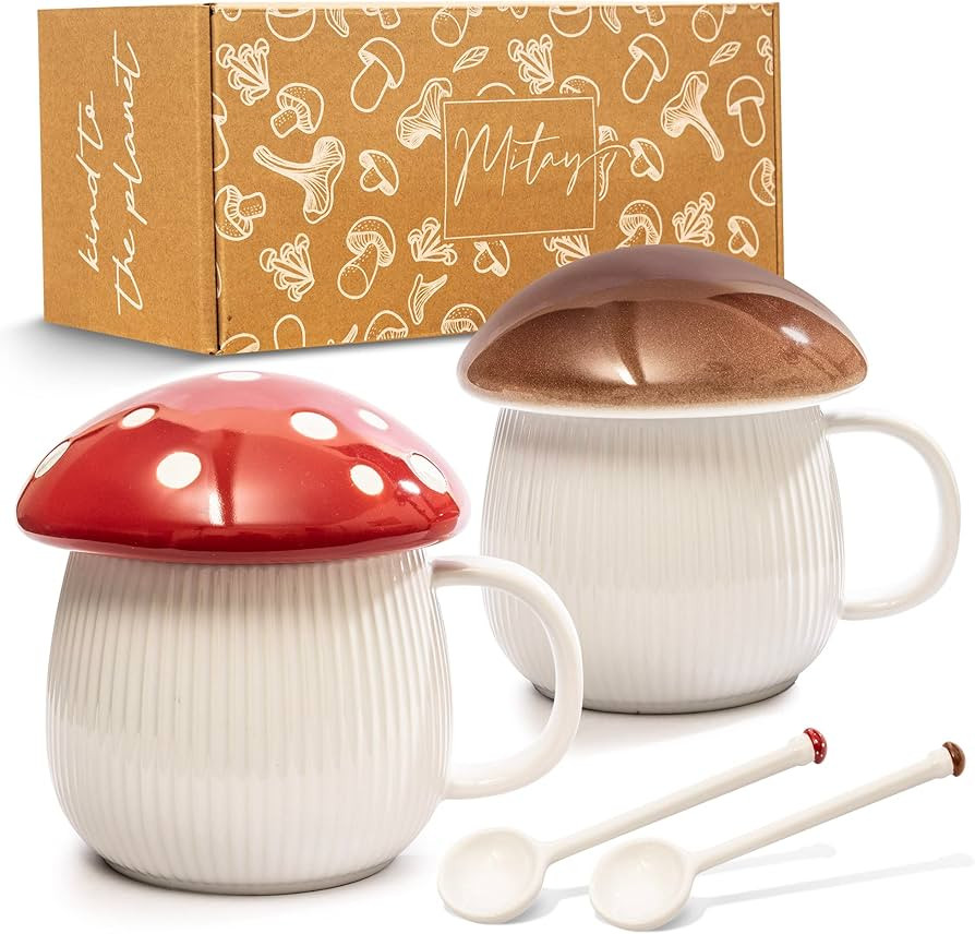 Mitay Mushroom Mug with Lid - Eco-friendly Mushroom Cup Set of 2 - Ceramic Coffee Mugs with Match... | Amazon (US)