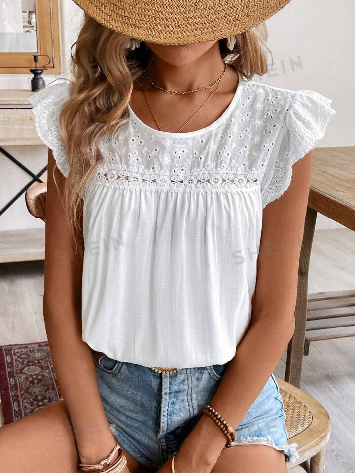 SHEIN Frenchy Dames effen kleur geborduurd kanten patchwork overhemd | SHEIN