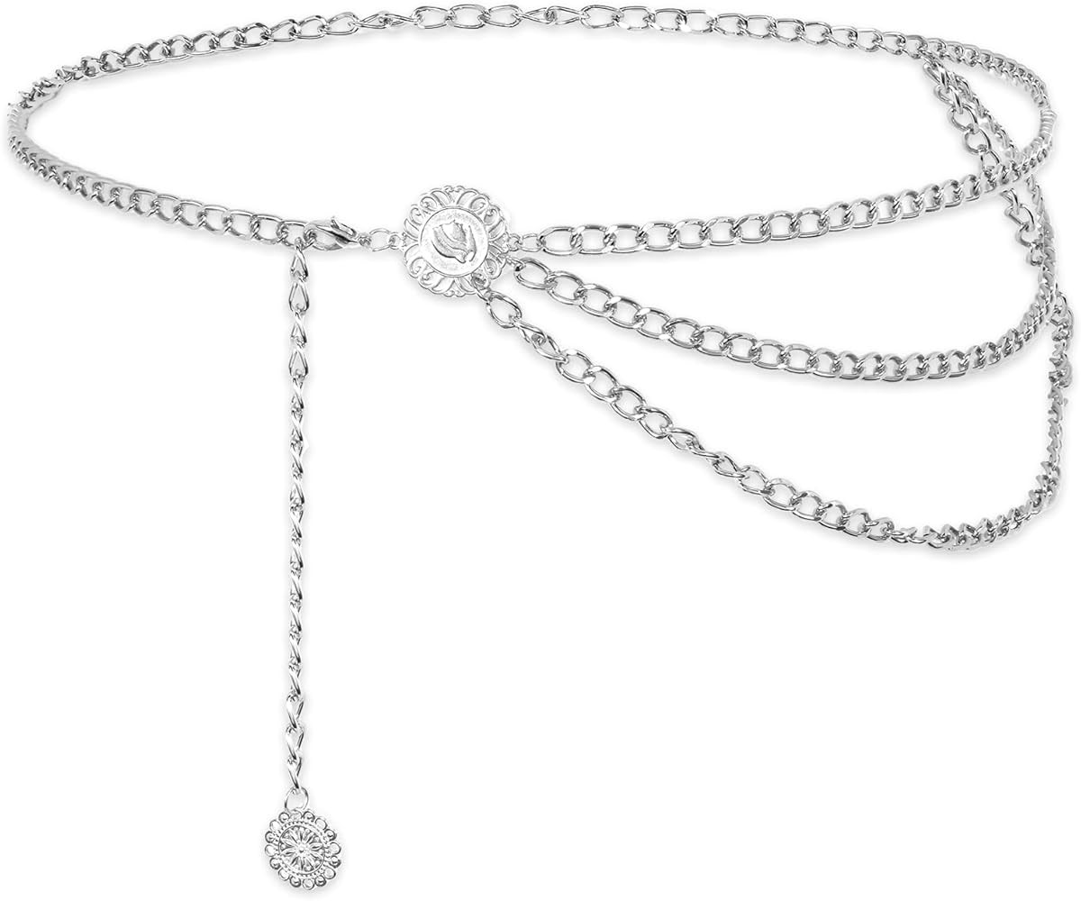 Sliver Chain Belt for Women Multilayer Metal Waist Chain Belts, Fashion Multilayer Adjustable Wom... | Amazon (US)