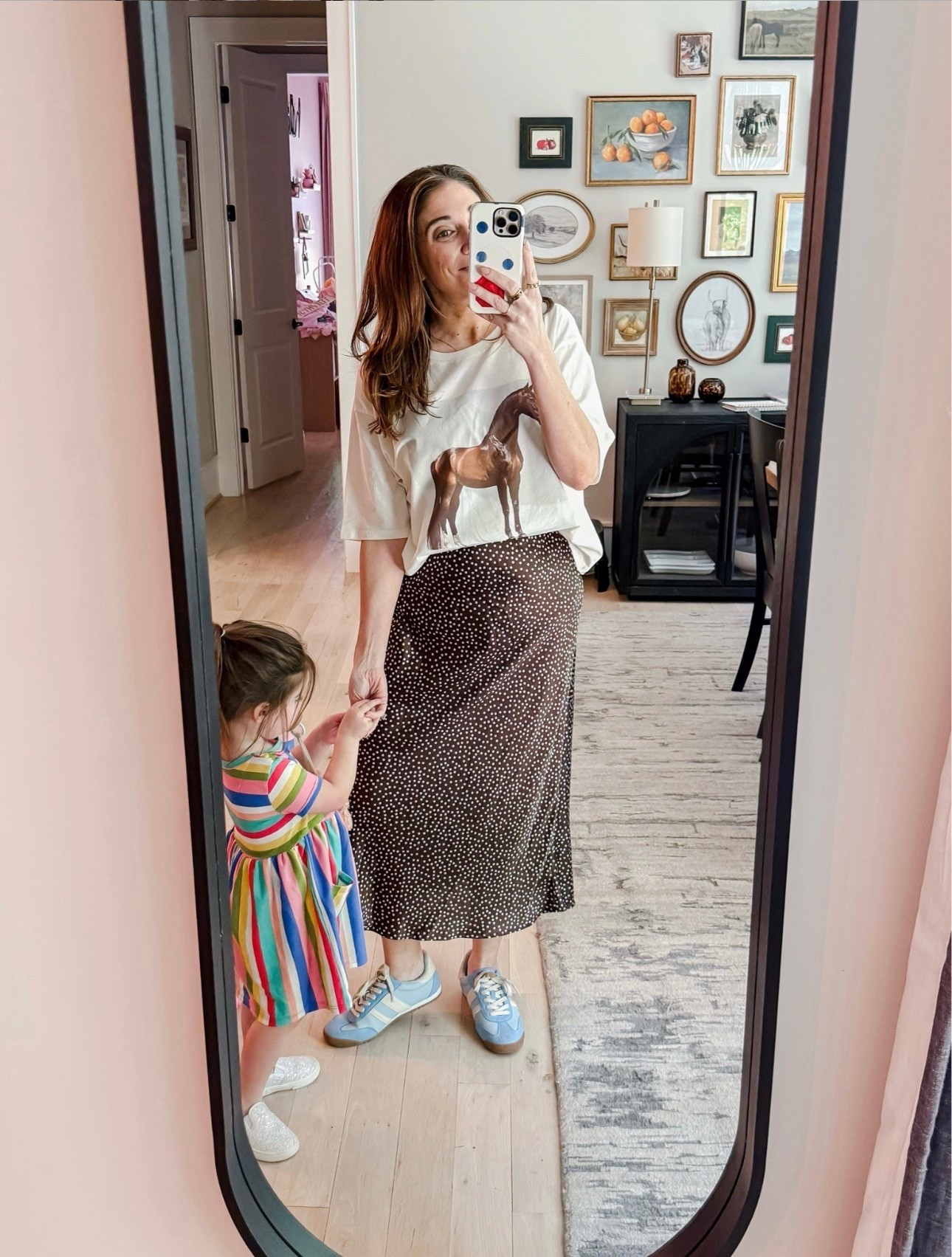 What I wore to CCs allergist appointment. I get tired of wearing pants all the time so this polka dot skirt was a fun switch while still being casual and comfortable 
Tee L (oversized) / Skirt M (tts) / Sneakers tts

#LTKgrwm #LTKootd #LTKmomlife