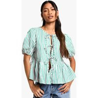 Womens Wide Pink And Green Stripe Tie Front Puff Sleeve Smock Top - 2 | boohoo (US & Canada)