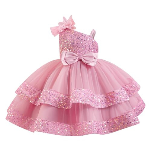 IBTOM CASTLE Birthday Dress for Girls Bow Asymmetric Shoulder Straps Sequin Tiered Tulle Tutu Party Flower Girl Wedding Toddler Pageant Formal Prom Gown Dusty Pink 3-4 Years | Amazon (US)