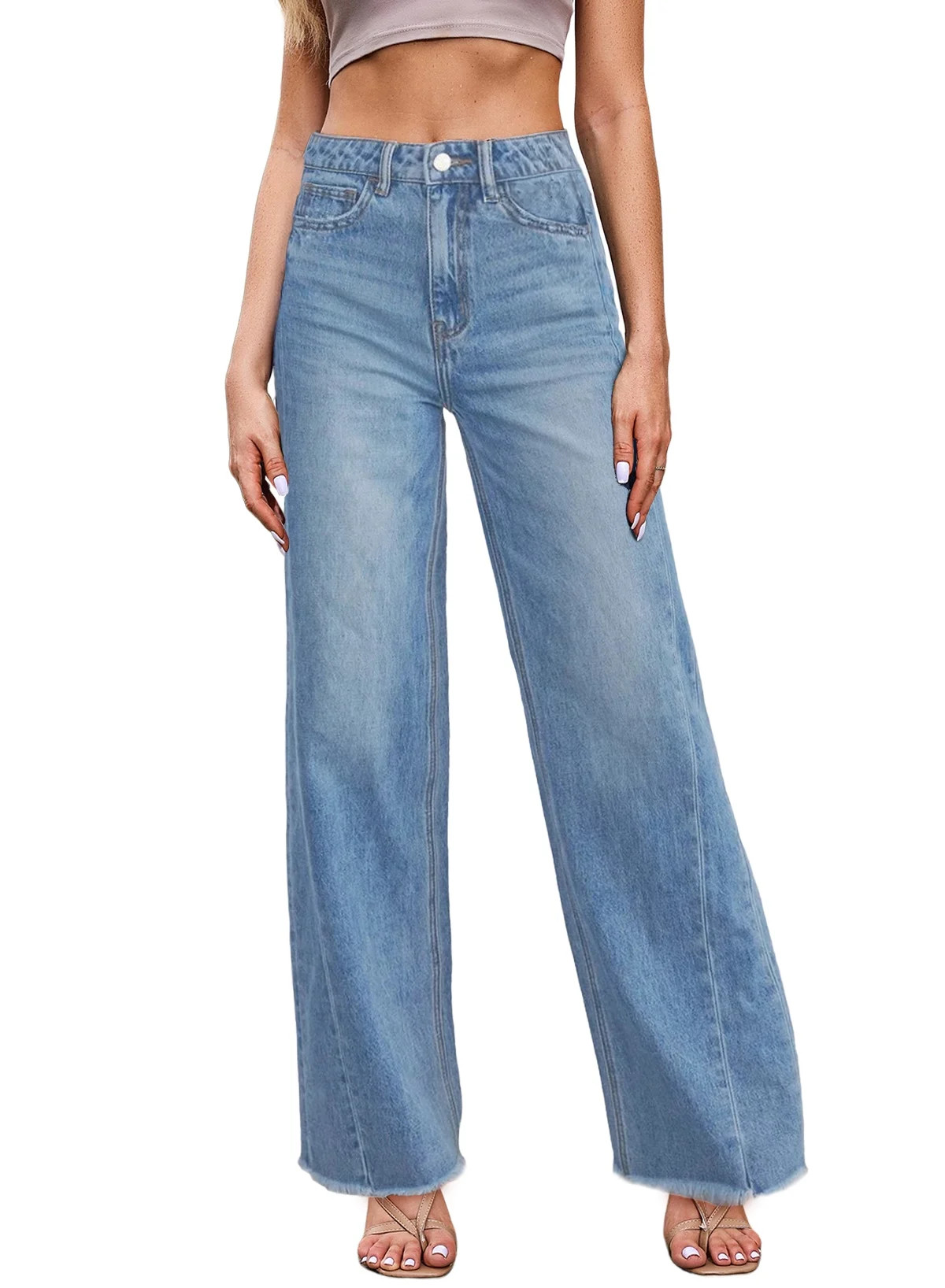 DOKOTOO Women's Wide Leg Jeans High Waisted Strechy Raw Hem Frayed Hem Denim Pants | Walmart (US)