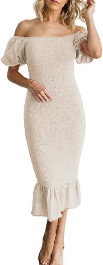 BerryGo Women's Smocked Bodycon Off Shoulder Puff Short Sleeve Mermaid Dress Ruffle Shirred Party... | Amazon (US)