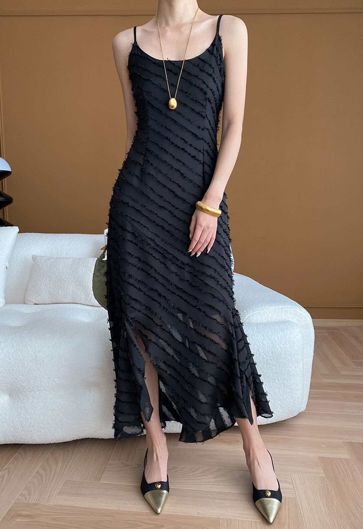 Fringed Stripe Split Cami Dress in Black | Chicwish