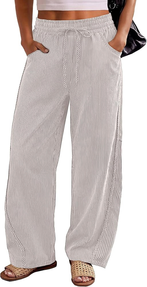 ANRABESS Womens Striped Barrel Casual Pants 2026 Trendy Summer Elastic Drawstring Baggy Lounge Wi... | Amazon (US)