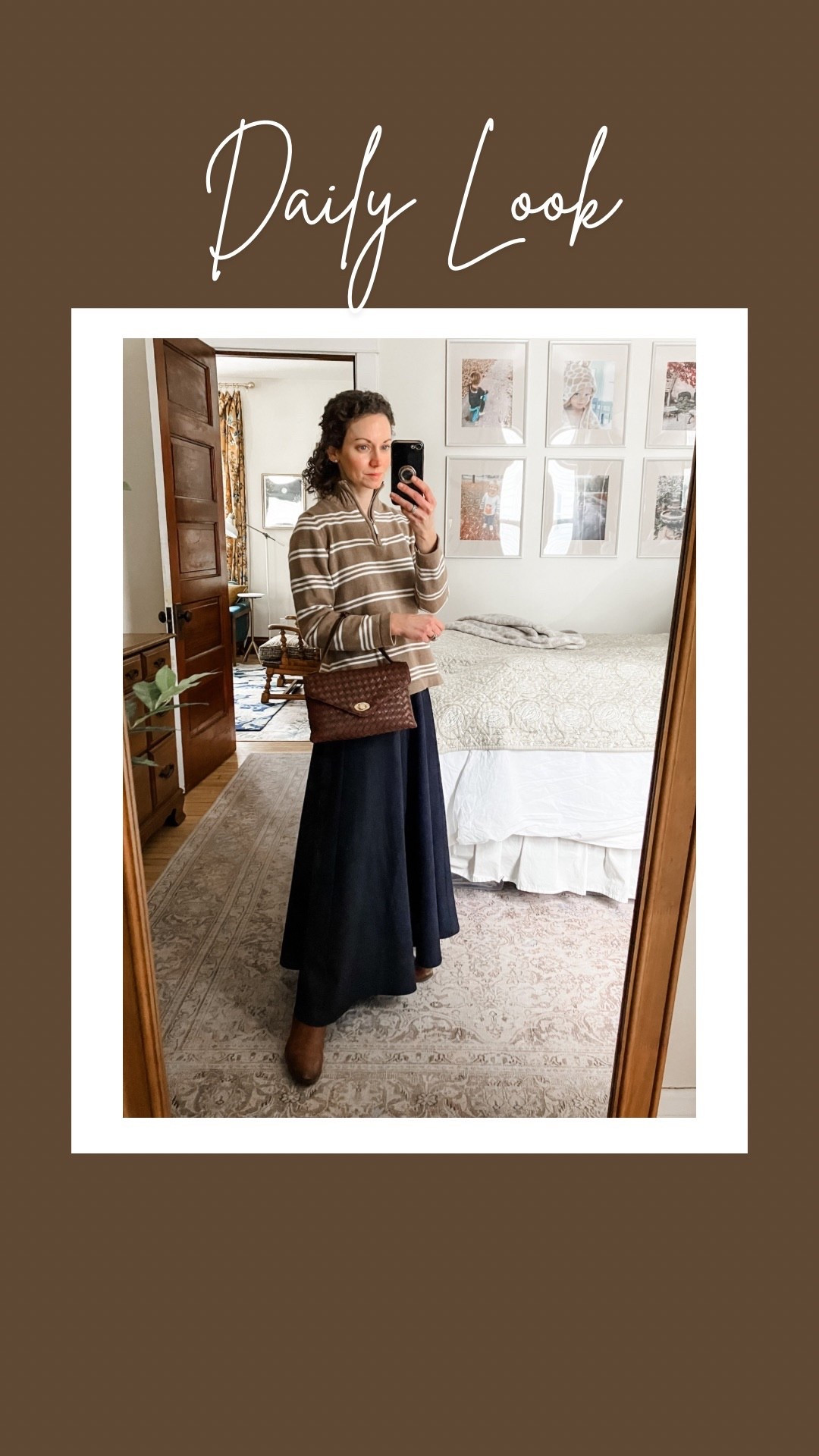 A neutral winter outfit!
A cotton tan and white stripe sweater, mine is old, linking similar. 
A brown woven bag from Urban Expressions. 
A navy maxi skirt from @Chicwish 
Brown leather riding boots from Tommy Hilifiger, mine are old, linking similar. 
Modest outfit. Neutral outfit. Winter outfit. Petite outfit. Classic outfit  

#LTKOver40 #LTKdayinmylife #LTKmomlife