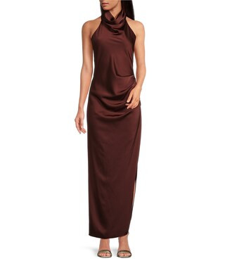 Yelena Satin High Mock Neck Sleeveless Long Sheath Dress | Dillard's