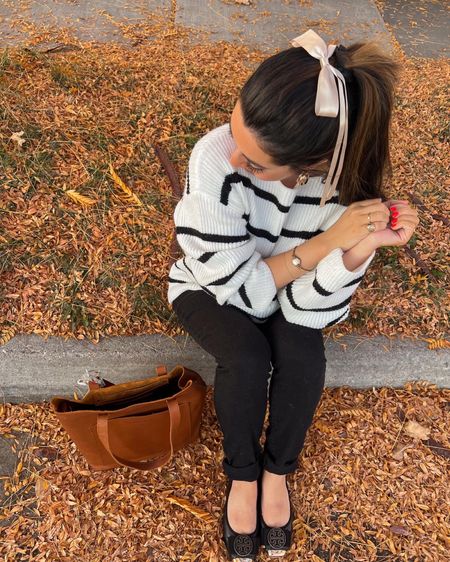 Fall outfit inspo. Cute preppy style mixed with vintage classy pieces. East coast inspired fashion. Hair bow, striped sweater, ballet flats, and leather purse  

#LTKHoliday #LTKSeasonal #LTKHolidaySale
