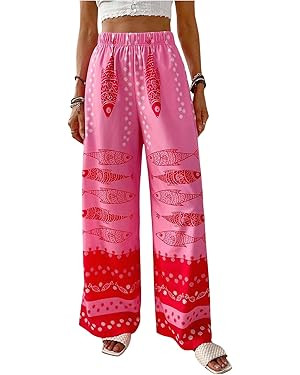 GORGLITTER Women's Graphic Palazzo Pants Elastic Wide Leg High Waisted Baggy Long Trousers | Amazon (US)