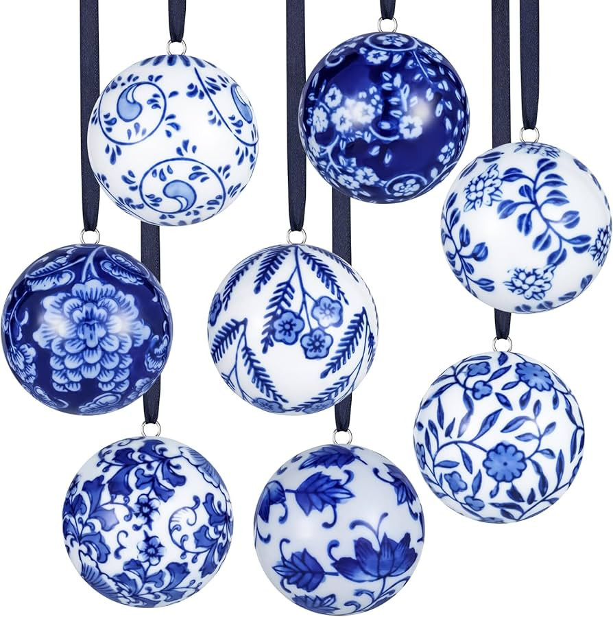8 Pcs Christmas Porcelain Balls 2.4 Inch Blue and White Ceramic Chinoiserie Ornament Bulk with Si... | Amazon (US)