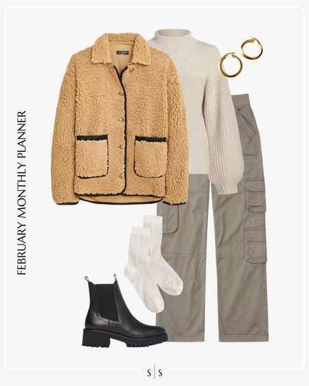 Monthly outfit planner: FEBRUARY: Winter looks | Sherpa jacket, mockneck sweater, cargo pants, socks, lug boot 

See the entire calendar on thesarahstories.com ✨ 


#LTKstyletip