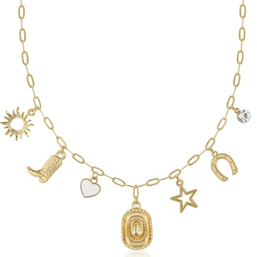 Chunky Charm Necklace for Women - Western Cowboy Necklace for Women, Trendy Paperclip Chain with Cowgirl Hat, Cowboy Boot, Heart, Boho Paper Clip Cute Charmed Plated Gold Statement Chain | Amazon (US)