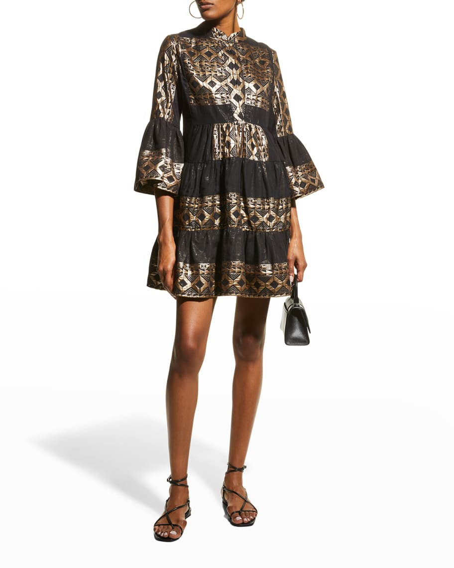 LACE The Label 3/4-Sleeve Embroidered Ruffle-Skirt Dress | Neiman Marcus