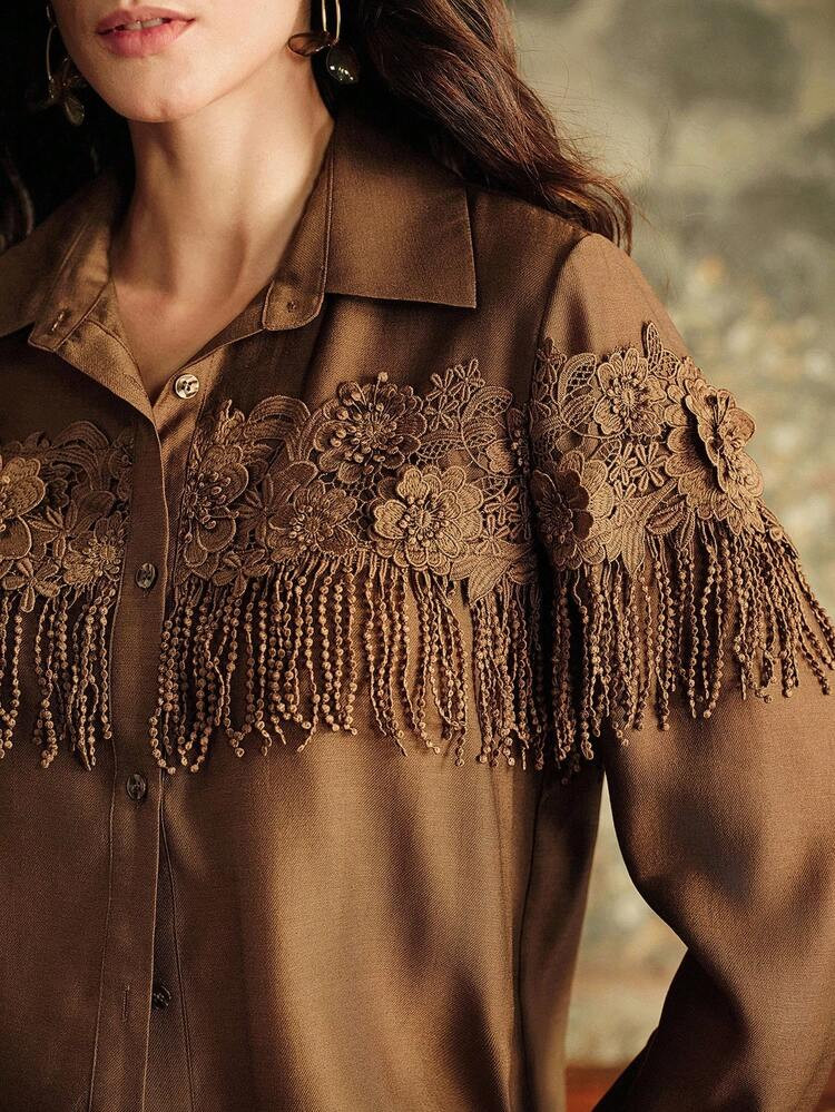 Anewsta Maillard Women's Elegant Lace 3D Floral Tassel Patchwork Collar Blouse | SHEIN