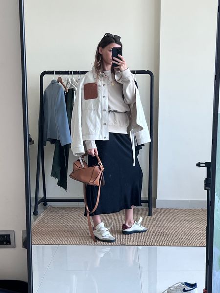 {Cold summer outfit idea} denim jacket, beige sweatshirt, thin belt, maxi silk black skirt, Isabel Marant sneakers, Loewe Puzzle bag

#LTKeurope #LTKstyletip #LTKSeasonal