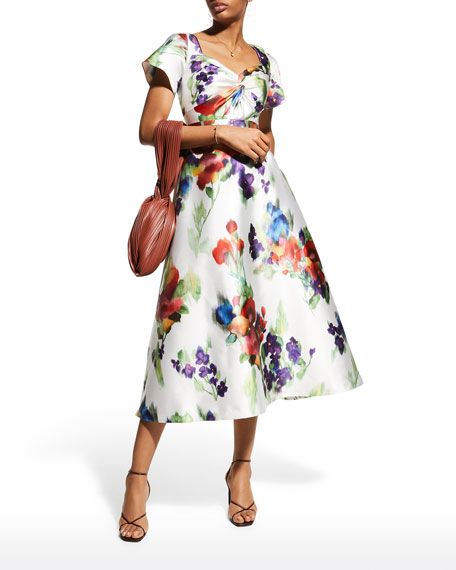Theia Jayla Floral-Print Tea-Length Dress | Neiman Marcus