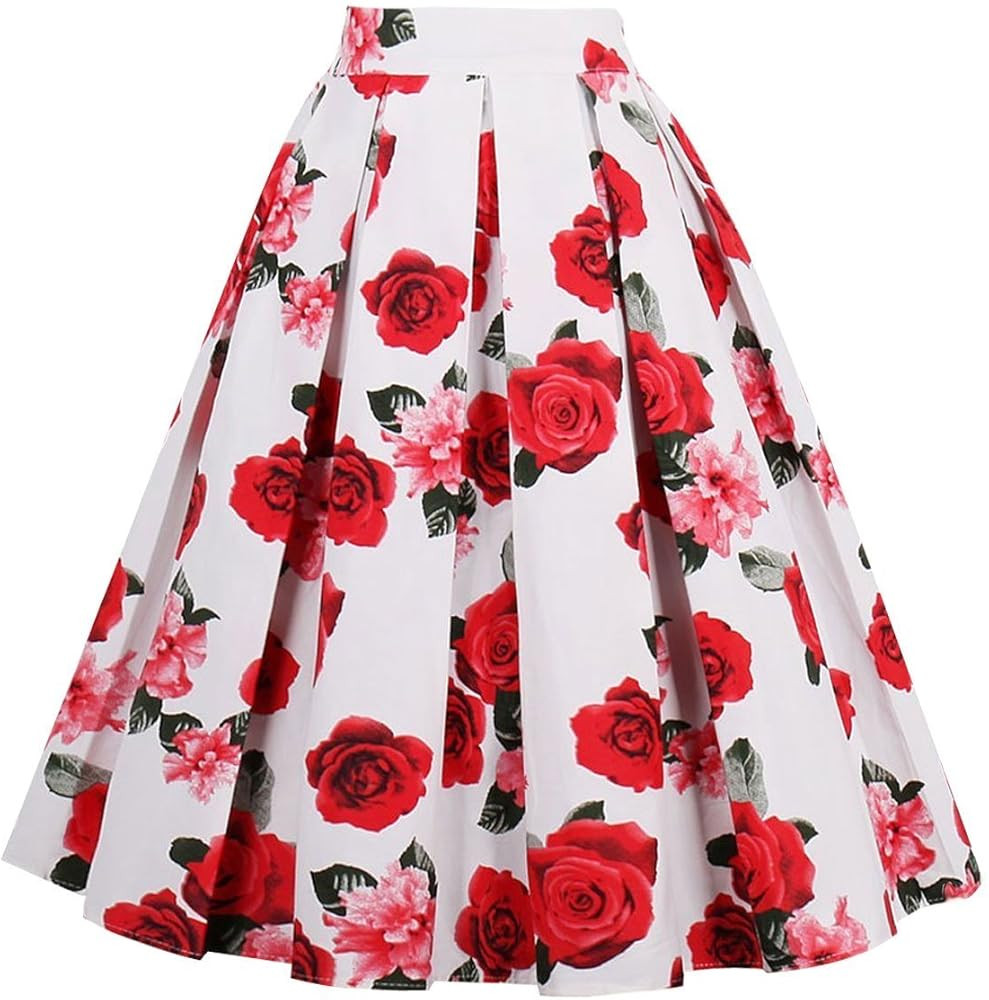 Girstunm Women's Pleated Vintage Skirt Floral Print A-line Midi Skirts with Pockets | Amazon (US)