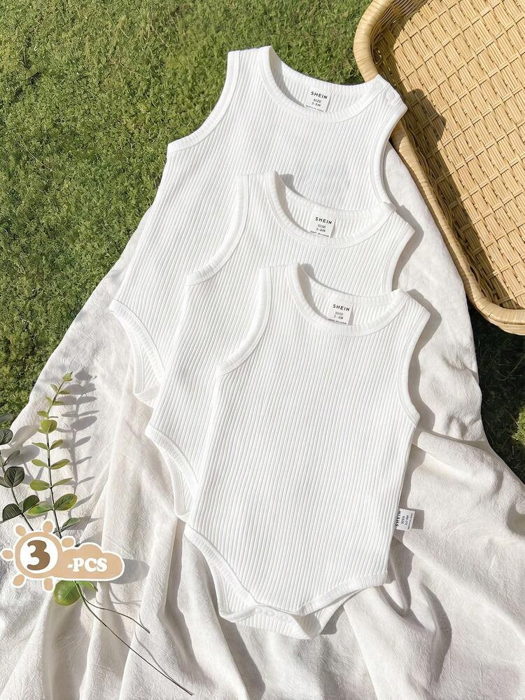 SHEIN Vintaside Kids 3pcs Baby Unisex Casual Vest Bodysuits Set White Summer Basic Work Soft Comf... | SHEIN