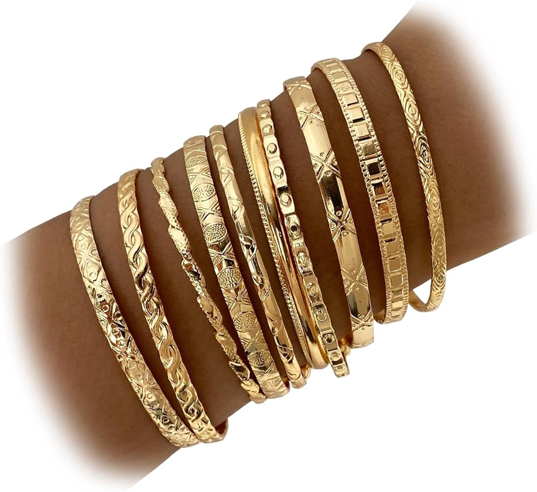 IFKM Gold Bangles Bracelets For Women, 14k Gold Plated Multi Layer Stackable Open Bracelet Set, E... | Amazon (US)