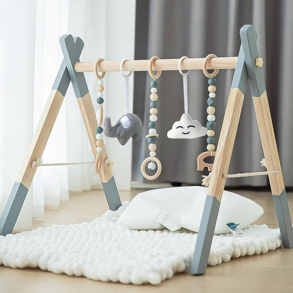 Wooden Baby Play Gym Foldable Baby Play Gym Frame Activity Gym Hanging Bar with 5 Gym Baby Toys N... | Amazon (US)