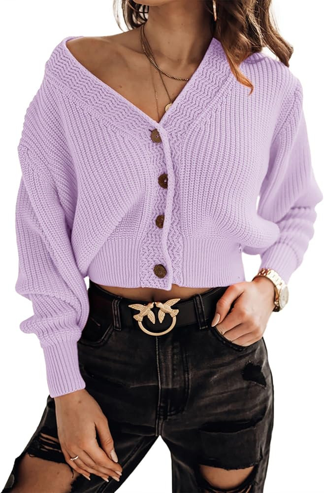 Febriajuce Women's Long Sleeve V-Neck Button Down Rib Knit Cropped Cardigan Sweater | Amazon (US)