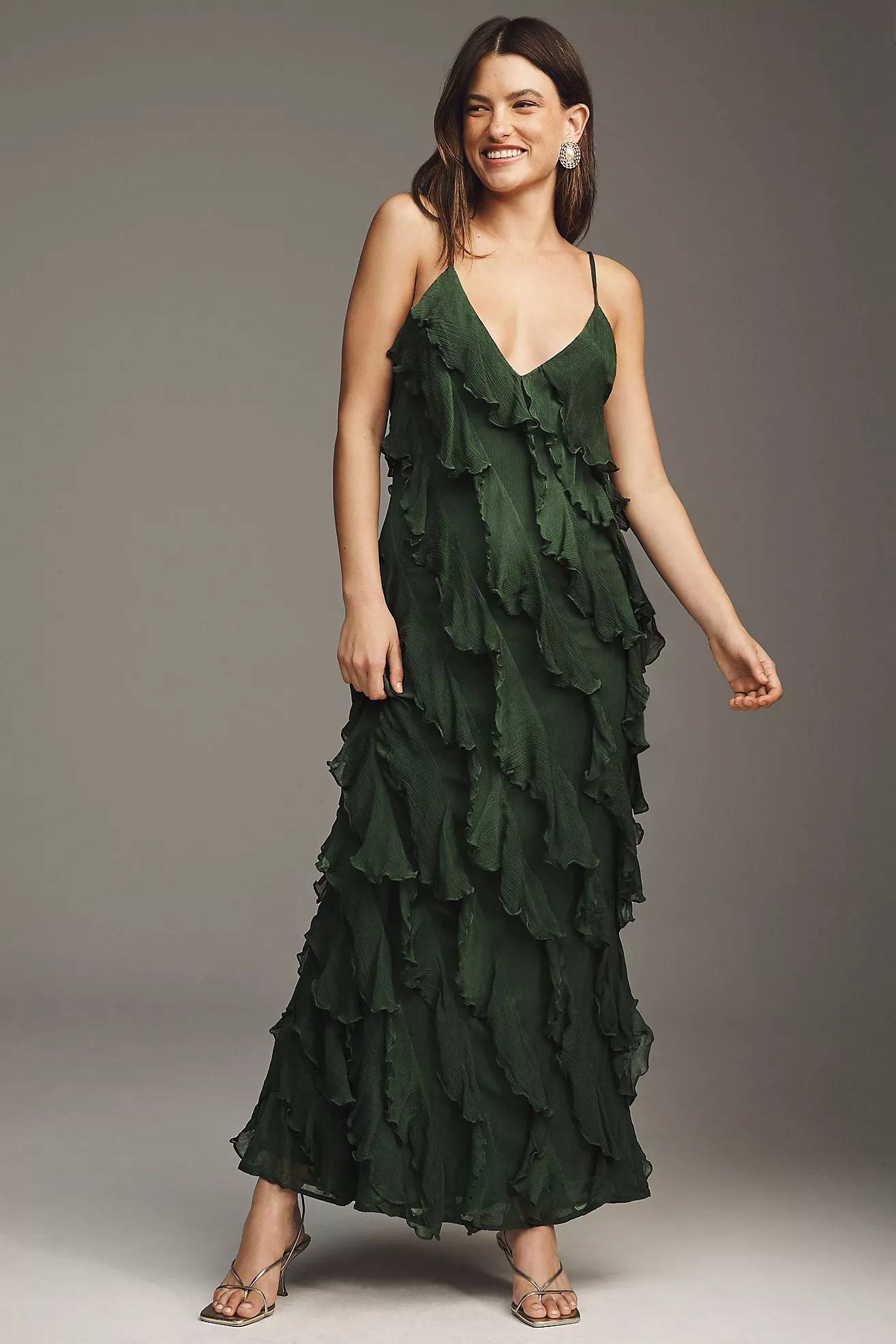 BHLDN Jia Bias-Cut Ruffled V-Neck Gown | Anthropologie (US)