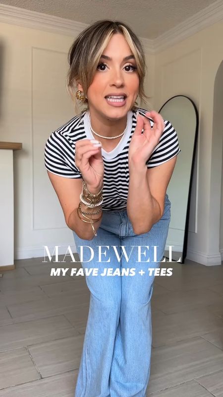 @madewell favorite JEANS & TEE’s 

✔️ALL Tee’s are XS 
✔️JEAN 1: Harlow jeans size 26
✔️JEAN 2: 90s jeans are non curvy but I like the curvy version that has a lot more stretch! 
✔️ JEAN 3: wide leg cropped size 26 (size down lots of stretch). 