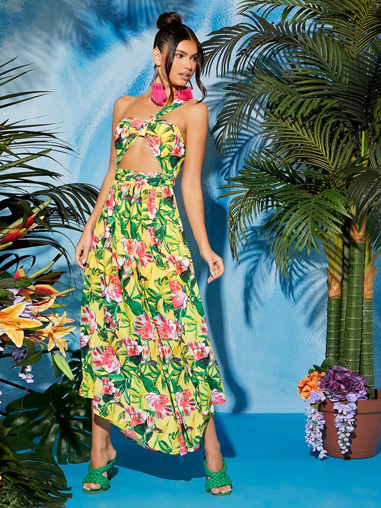 SHEIN Floral Print One Shoulder Knot Front Cut Out Asymmetrical Hem Dress | SHEIN