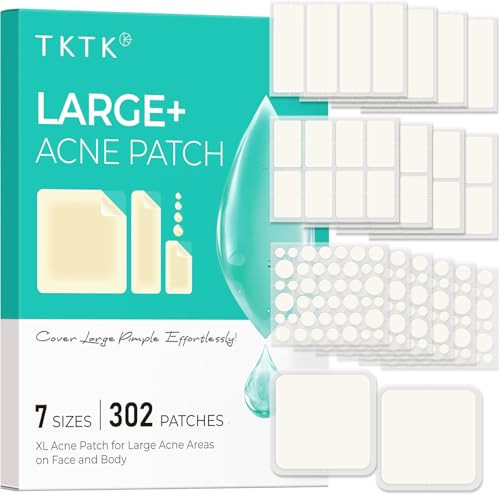 TKTK Large Pimple Patches for Face, 7 Sizes XL Acne Patches, Big Hydrocolloid Bandages for Body, Chin, Forehead, Chest, Back Zit Breakouts, Hydrocolloid Patch (Strip, Square, Dot 302 Count) | Amazon (US)