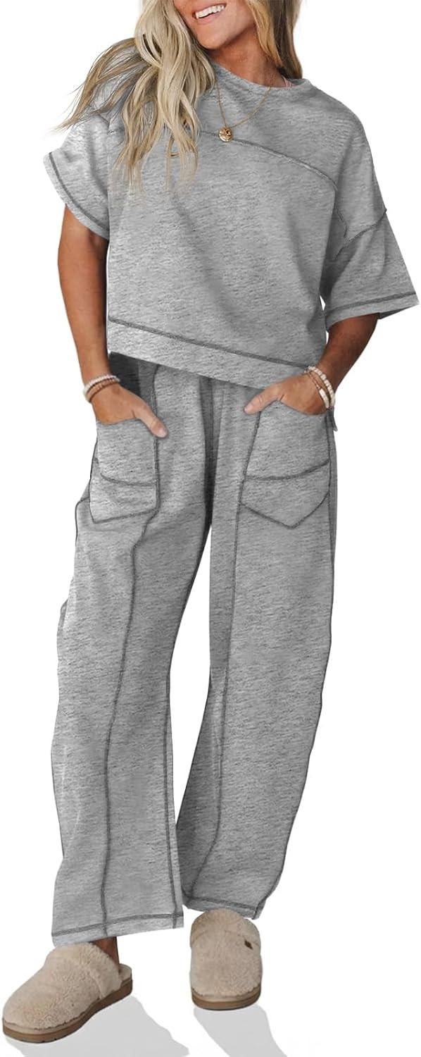 Fisoew Womens 2 Piece Outfits Lounge Sets Short Sleeve Tops and Wide Leg Pants Travel Vacation Casual Matching Sets | Amazon (US)