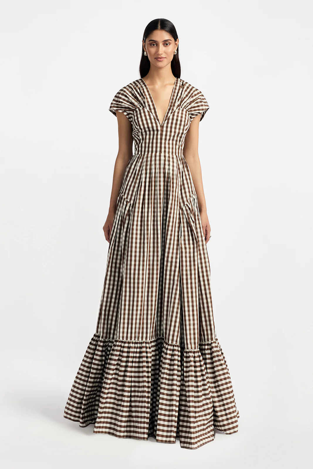 Plaid Taffeta Short Sleeve Seam Detail Gown | Lela Rose