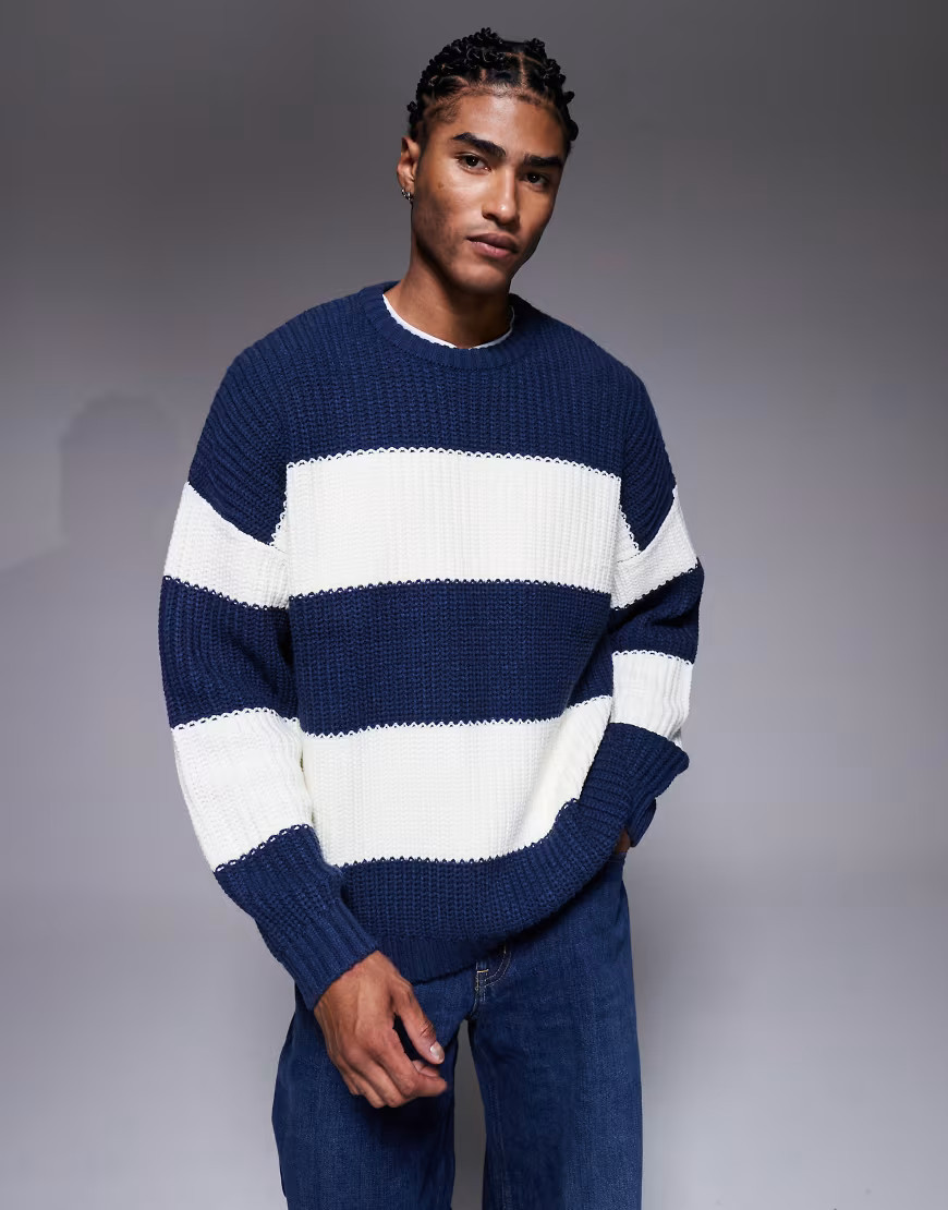 ASOS DESIGN oversized knit crew neck sweater in navy and ecru stripe-Multi | ASOS (Global)