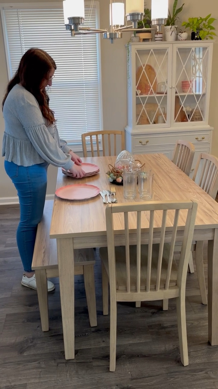 Set the table for Spring with me using my new dining room table set from @ashleyfurniture_goldsboro 💕🐰I love the Gleanville table set for it’s beautiful light wood color and that it allows more for seating with the bench. 
•
•
•
#gifted #ashleyfurniture #ashleyfurnituregoldsboro #ashleyhome #diningroom #diningtable #foodieofnc #targetstyle #scallops #scallopedplates #pinkplates #reel #discoverpage #homedecor #interiordesign #designer #homesweethome #springstyle #decoratewithme #raleighnc #southernliving #easterdecor #mystyle #homeinspo #decorate #tablesetting #partyideas 

#LTKVideo #LTKSpringSale #LTKSeasonal