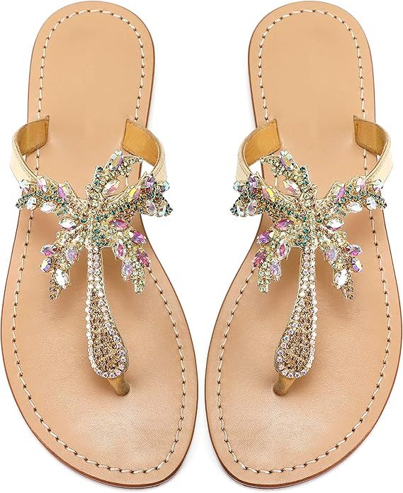 Monrovia Women's Rhinestone Jeweled Flat Beach Wedding Summer Sandals Gold Rhinestone Jeweled San... | Amazon (US)