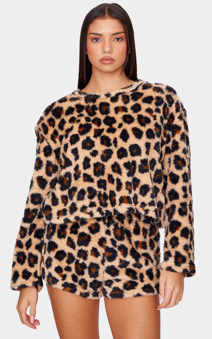 Brown Leopard Print Fleece Pj Top | PrettyLittleThing US