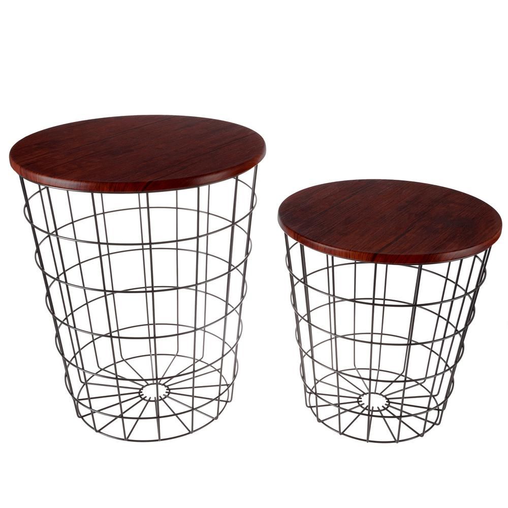 Cherry 2-Piece Nesting Veneer Metal and Wood Round Accent Table Set | The Home Depot