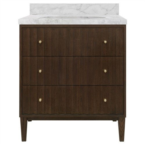 Worlds Away Odin Modern Classic White Marble Fluted Dark Brown Oak Bath Vanity Sink - 31" | Kathy Kuo Home